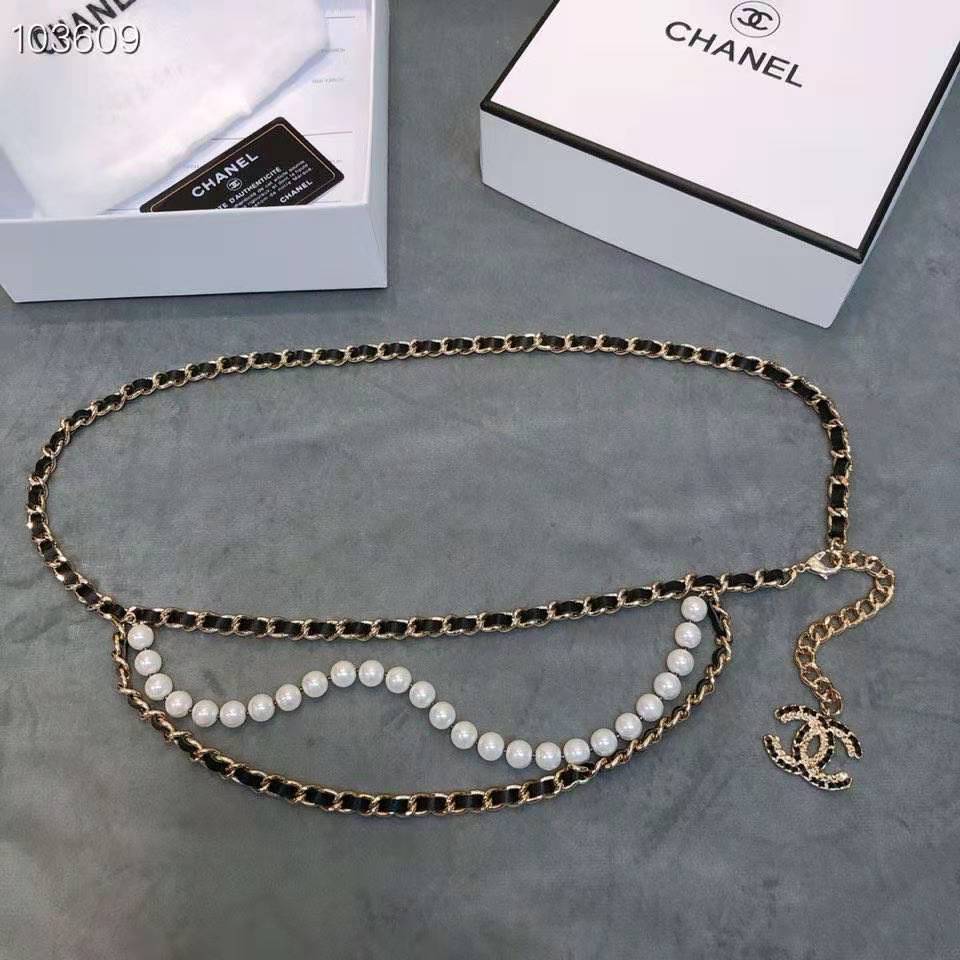 Chanel Women Metal Glass Pearls Lambskin & Strass Belt-Black