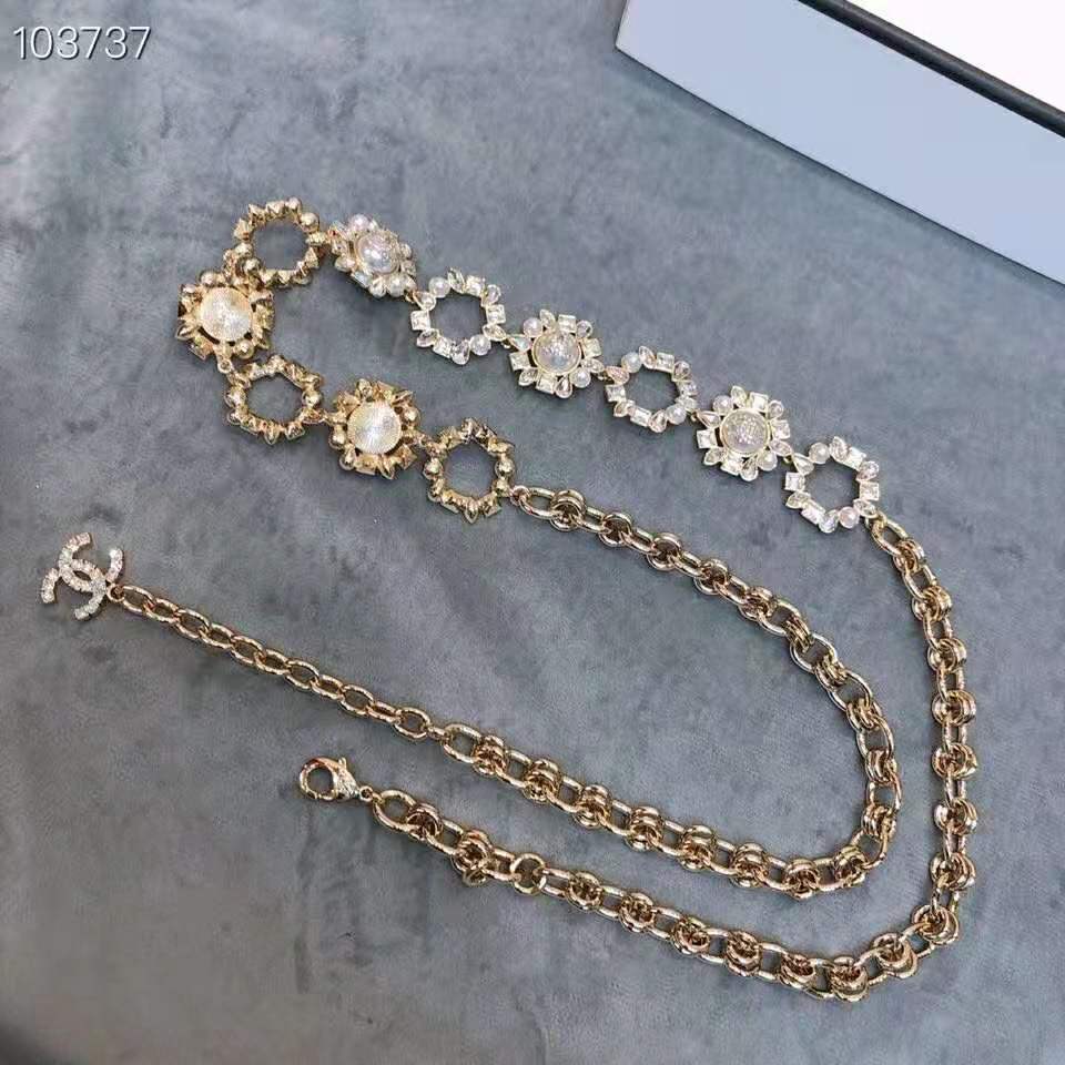 Chanel Women Metal Glass Pearls Strass & Resin Belt-Gold