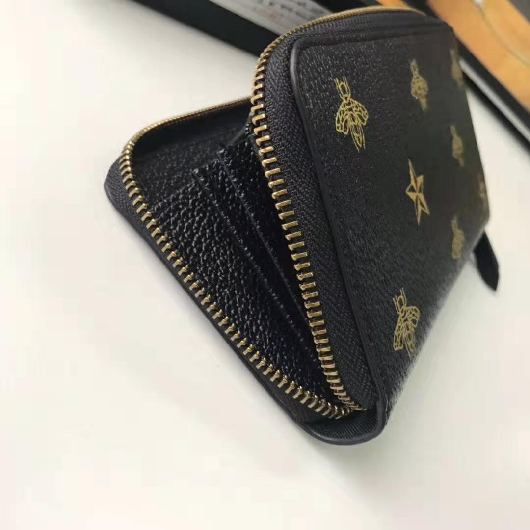 Gucci GG Unisex Bee Star Leather Zip Around Wallet in Black Metal-Free Tanned Leather