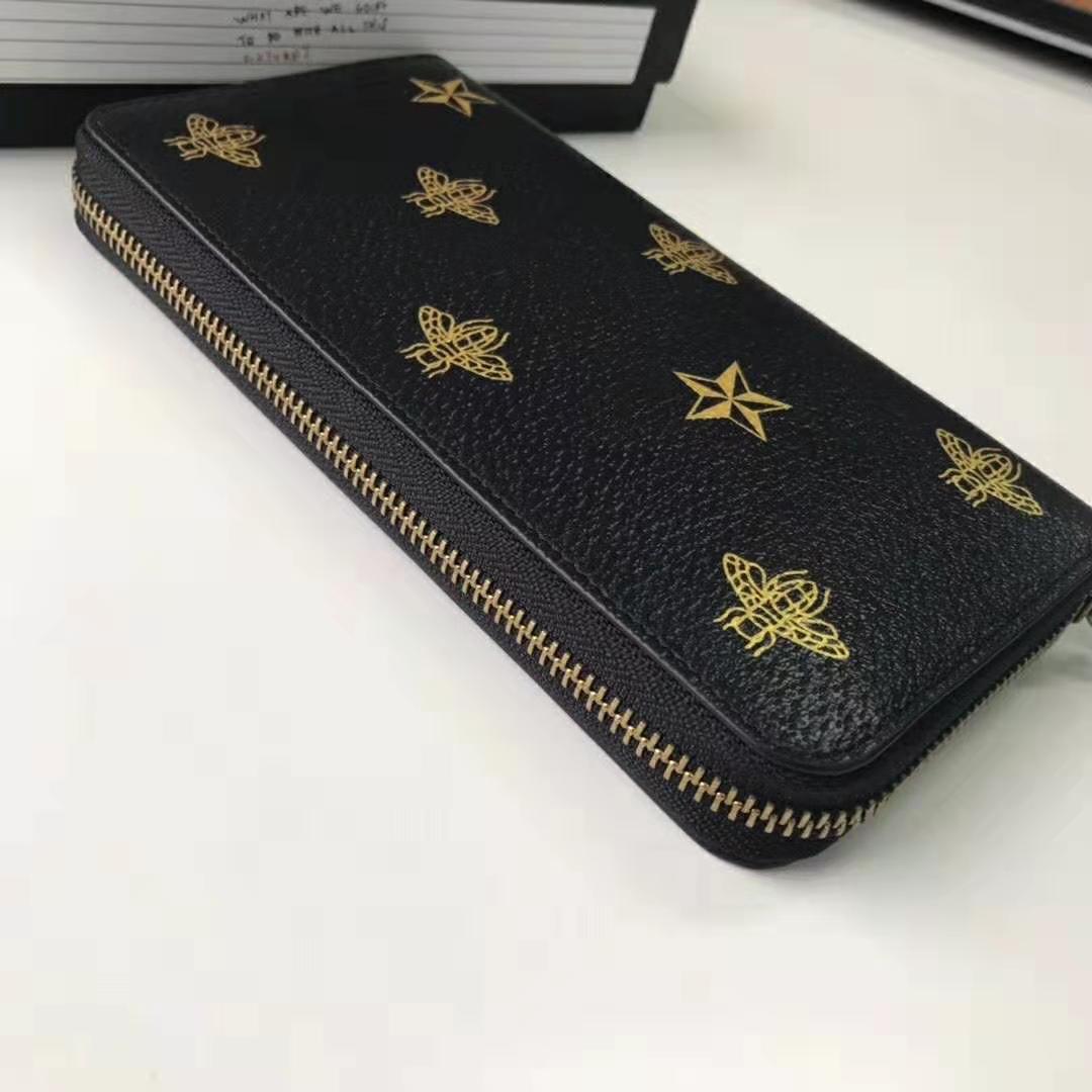 Gucci GG Unisex Bee Star Leather Zip Around Wallet in Black Metal-Free Tanned Leather