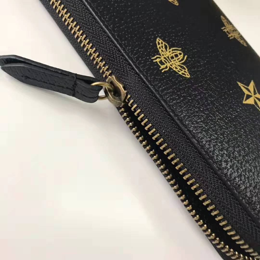 Gucci GG Unisex Bee Star Leather Zip Around Wallet in Black Metal-Free Tanned Leather