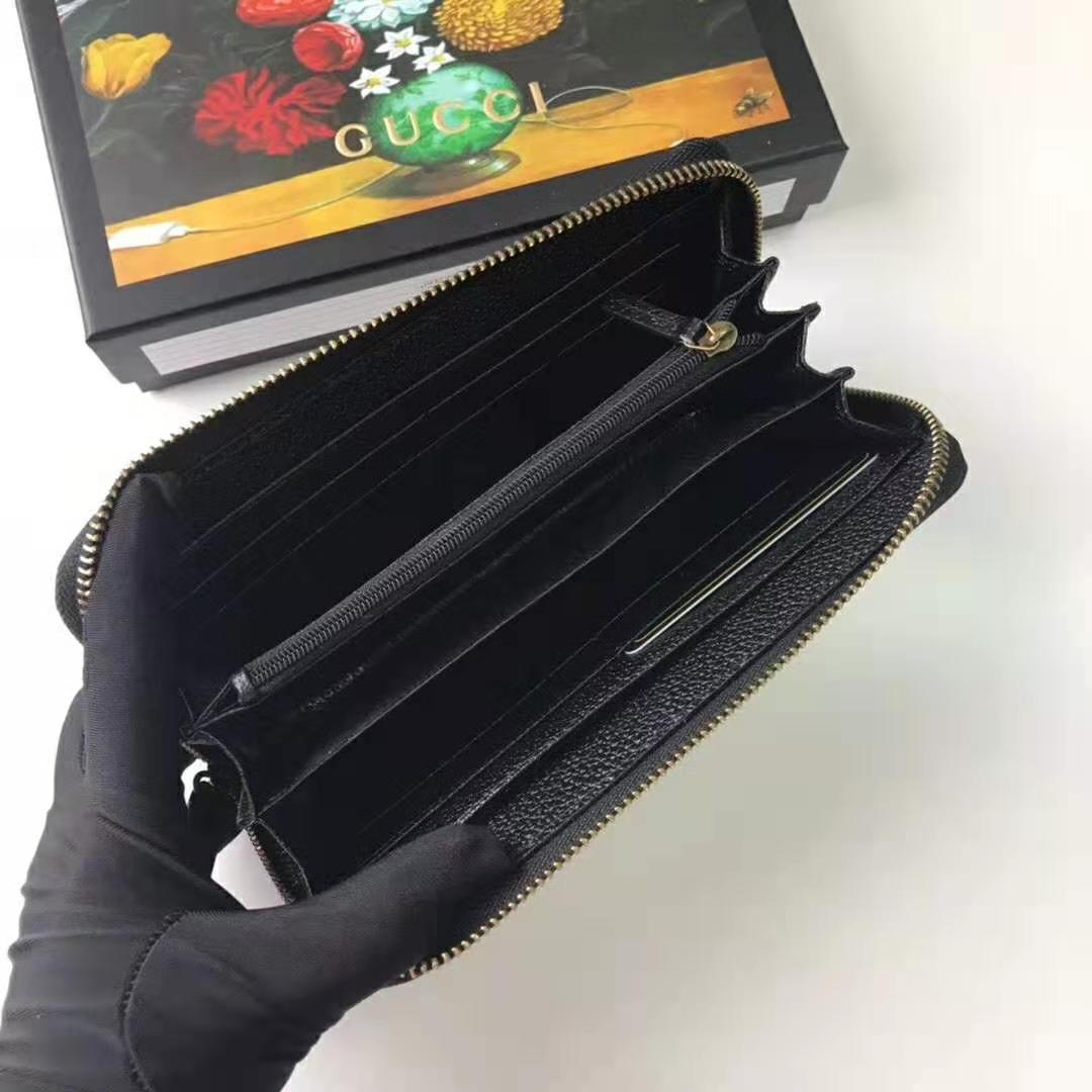 Gucci GG Unisex Bee Star Leather Zip Around Wallet in Black Metal-Free Tanned Leather