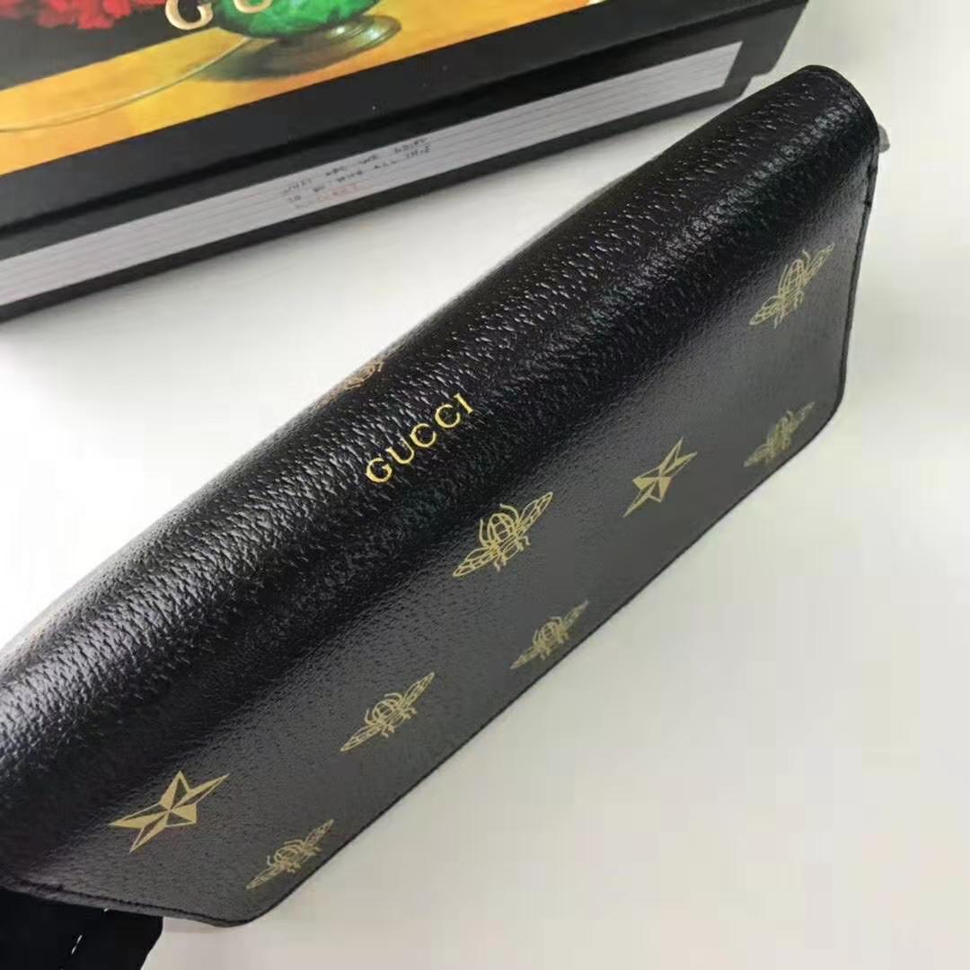 Gucci GG Unisex Bee Star Leather Zip Around Wallet in Black Metal-Free Tanned Leather