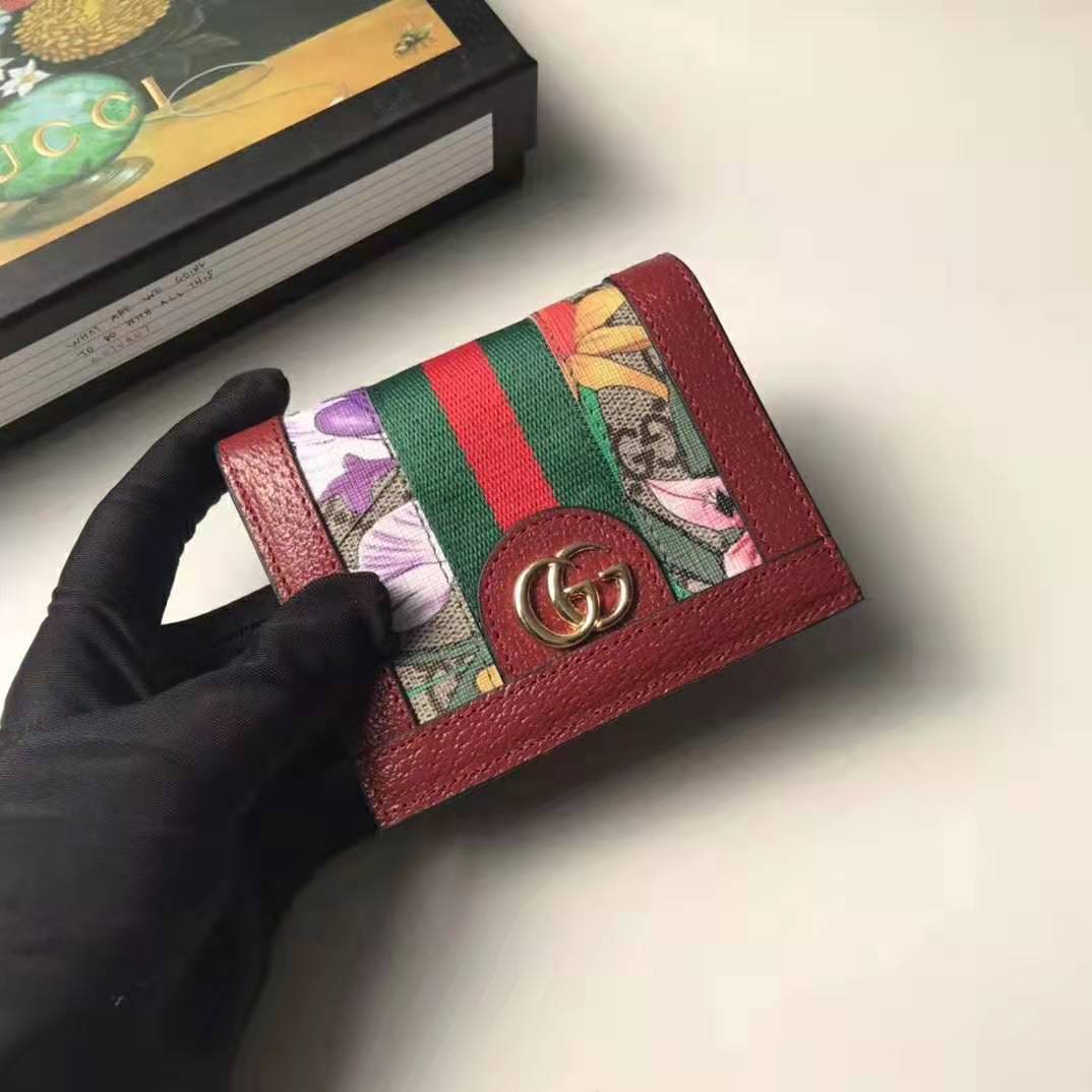 Gucci GG Women Ophidia GG Flora Card Case Wallet in GG Supreme Canvas-Red