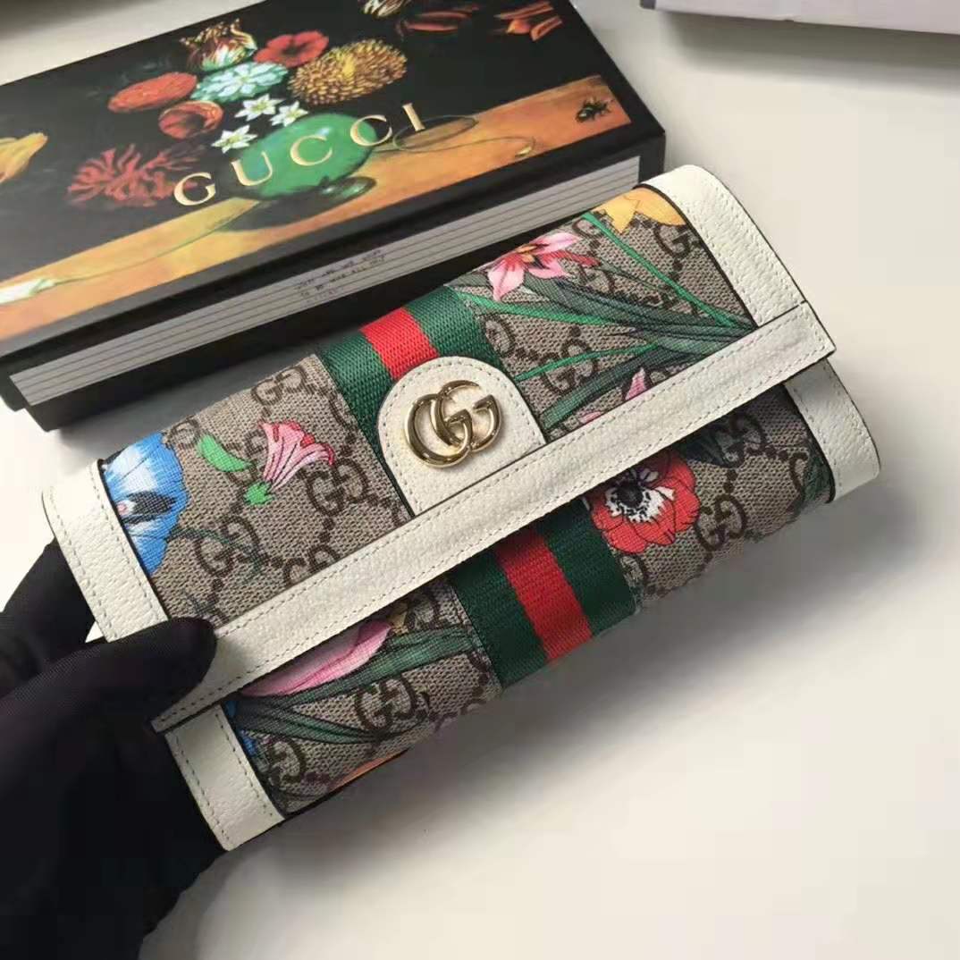 Gucci GG Women Ophidia GG Flora Continental Wallet in Beige/Ebony GG Supreme Canvas
