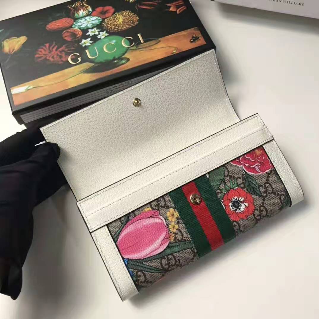 Gucci GG Women Ophidia GG Flora Continental Wallet in Beige/Ebony GG Supreme Canvas
