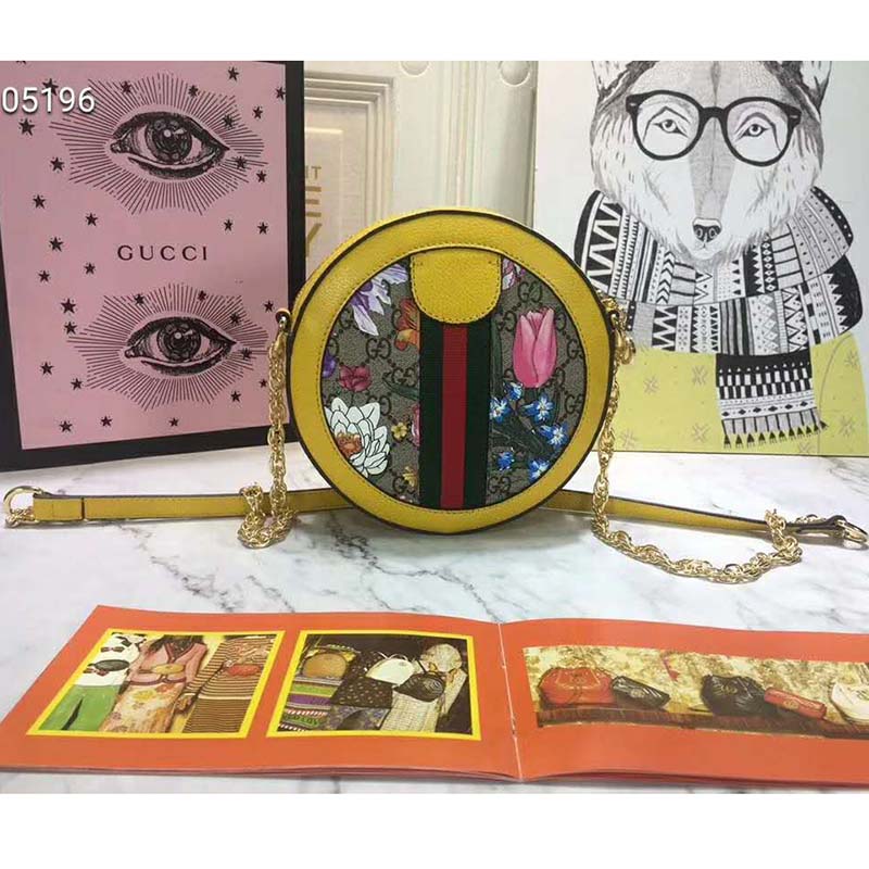 Gucci GG Women Ophidia GG Flora Mini Round Shoulder Bag in Beige/Ebony GG Supreme Canvas