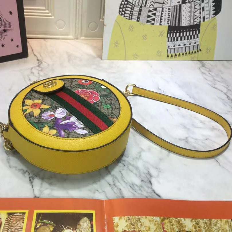 Gucci GG Women Ophidia GG Flora Mini Round Shoulder Bag in Beige/Ebony GG Supreme Canvas