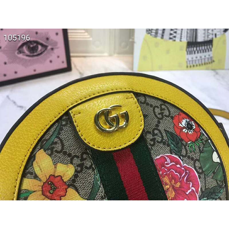 Gucci GG Women Ophidia GG Flora Mini Round Shoulder Bag in Beige/Ebony GG Supreme Canvas