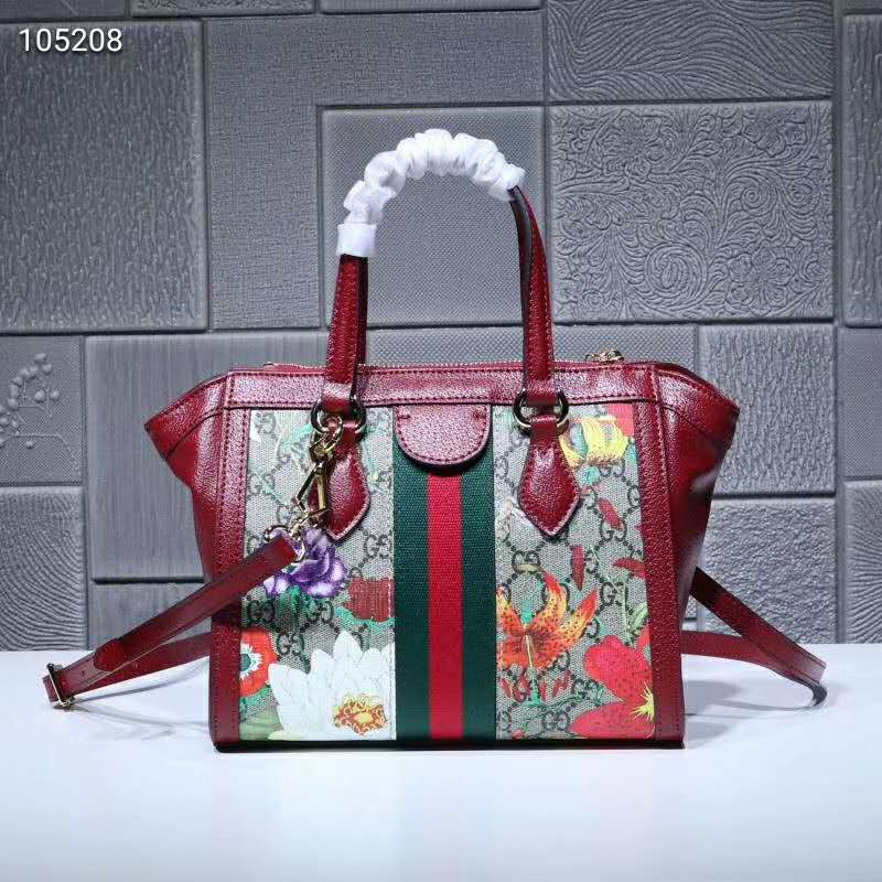 Gucci GG Women Ophidia GG Flora Small Tote Bag in Beige/Ebony GG Supreme Canvas