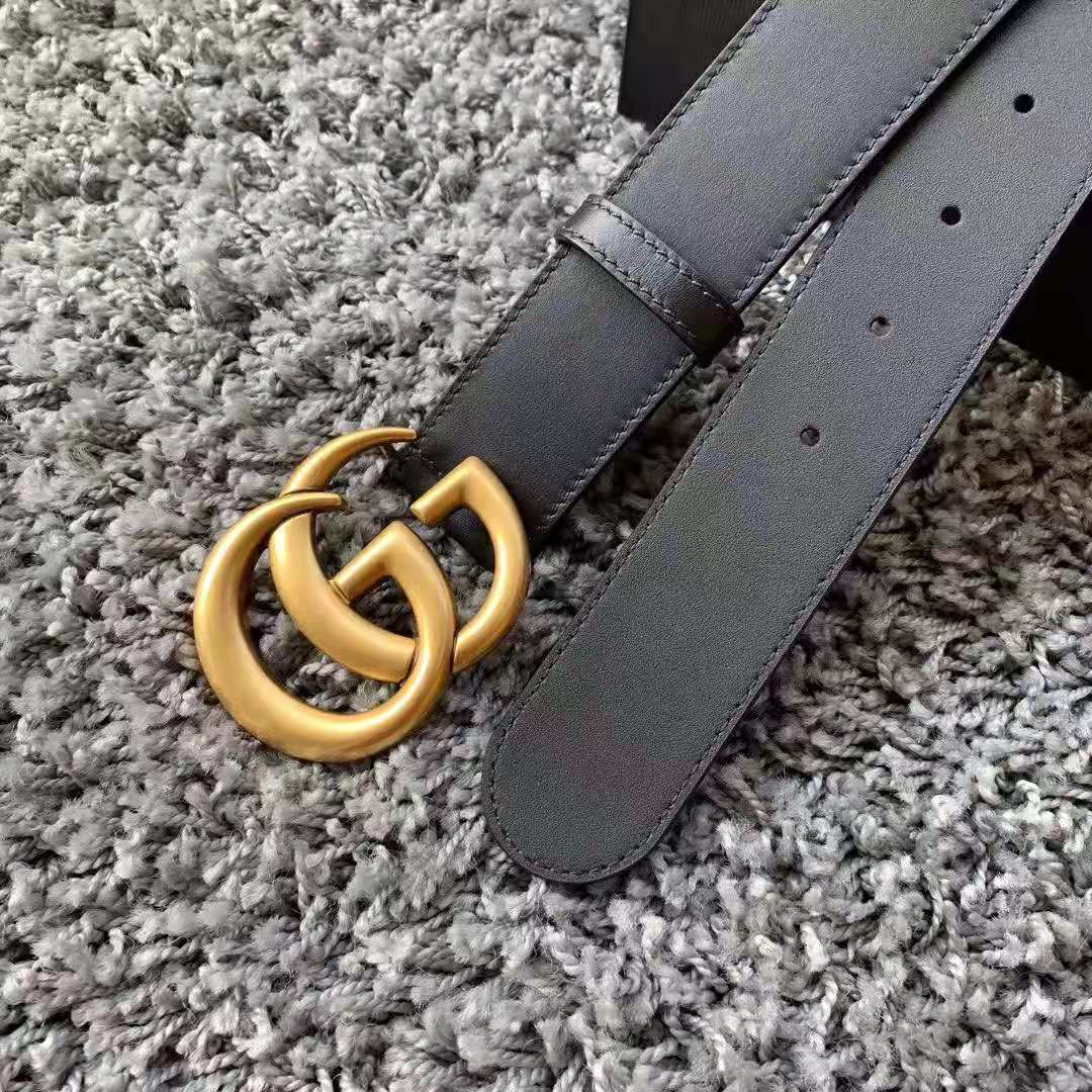 Gucci Unisex GG Marmont Leather Belt with Shiny Buckle in 3.8cm Width-Black