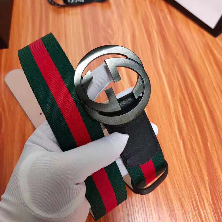Gucci Unisex GG Web Belt with G Buckle in Green and Red Web