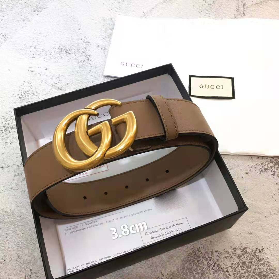 Gucci Unisex Gucci Leather Belt with Double G Buckle in Cuir Color Leather