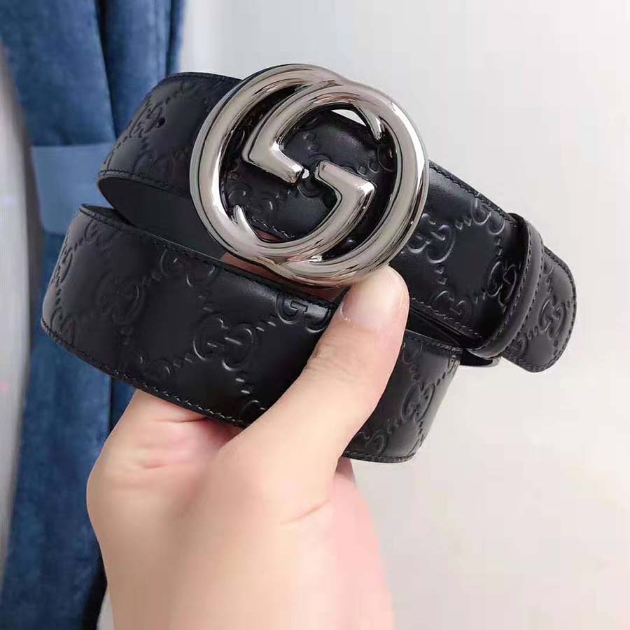 Gucci Unisex Gucci Signature Leather Belt with Interlocking G Buckle-Black
