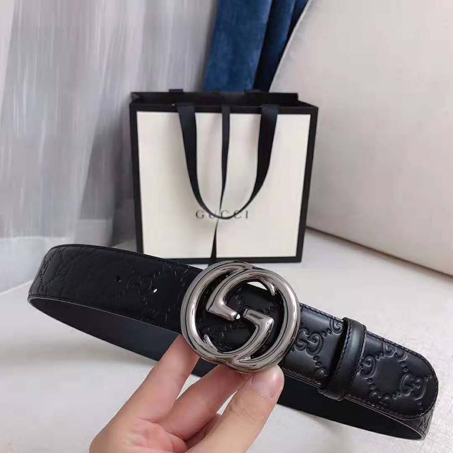 Gucci Unisex Gucci Signature Leather Belt with Interlocking G Buckle-Black