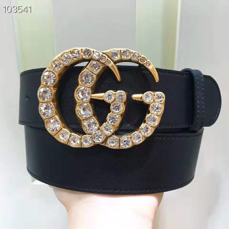 Gucci Unisex Leather Belt with Crystal Double G Buckle-Black
