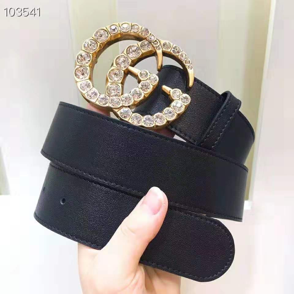 Gucci Unisex Leather Belt with Crystal Double G Buckle-Black