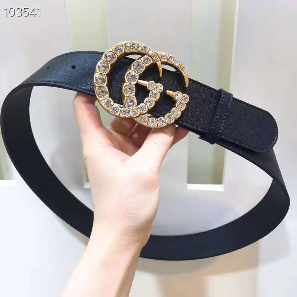 Gucci Unisex Leather Belt with Crystal Double G Buckle-Black