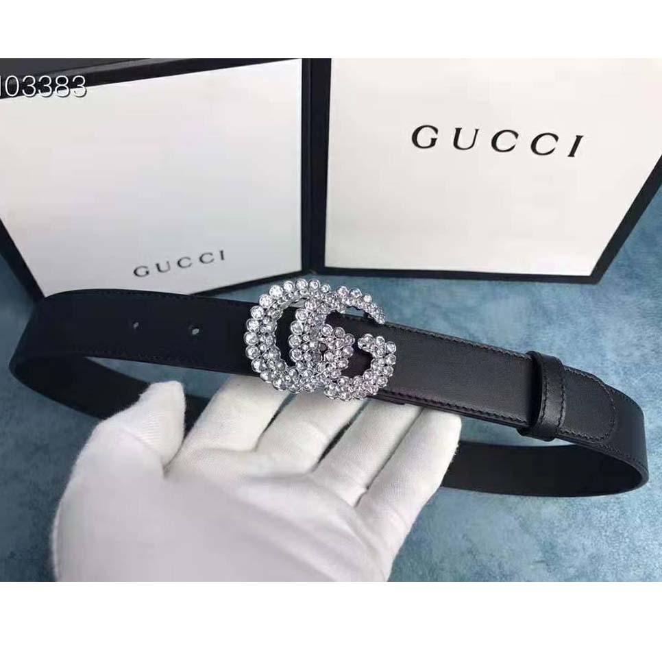 Gucci Unisex Leather Belt with Double G Buckle-Black