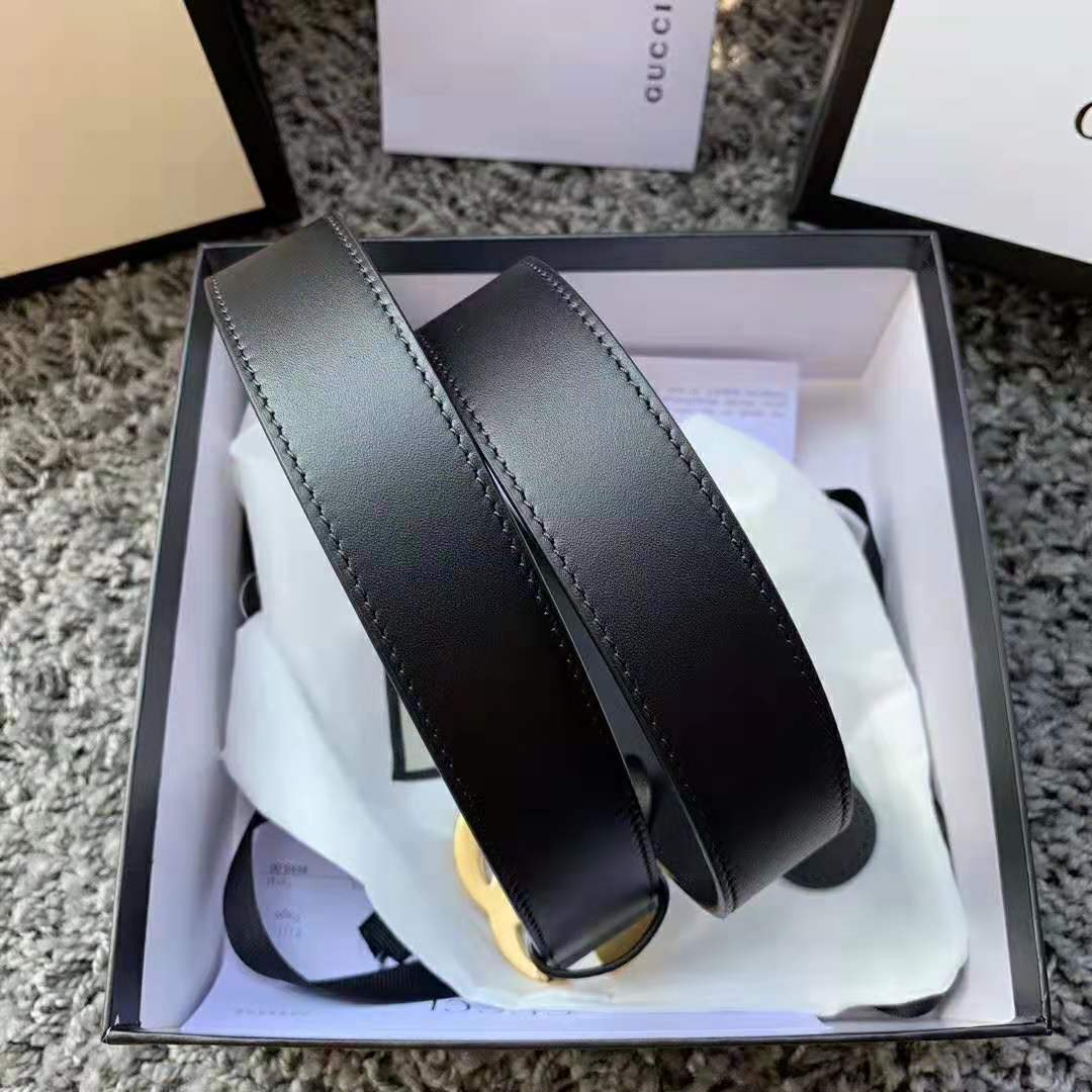 Gucci Unisex Leather Belt with Double G Buckle in 2.5cm Width-Black