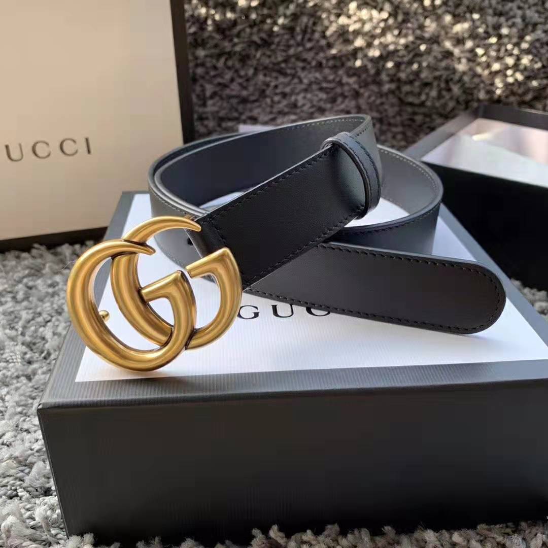 Gucci Unisex Leather Belt with Double G Buckle in 2.5cm Width-Black