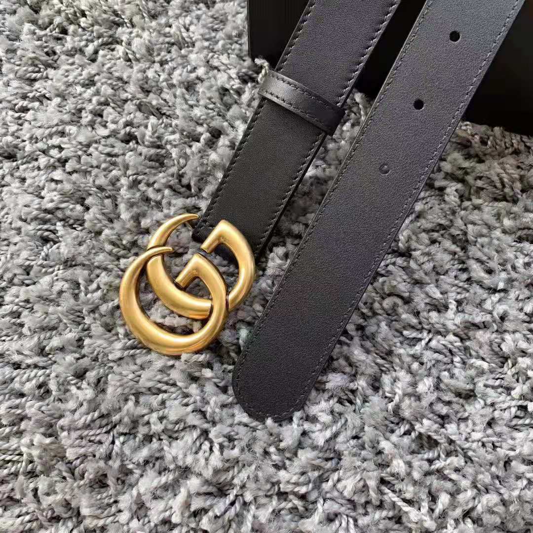 Gucci Unisex Leather Belt with Double G Buckle in 2.5cm Width-Black