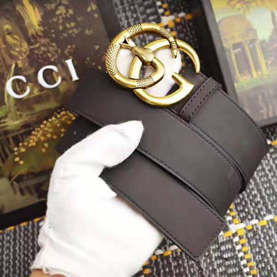 Gucci Unisex Leather Belt with Double G Buckle with Snake in Black Leather