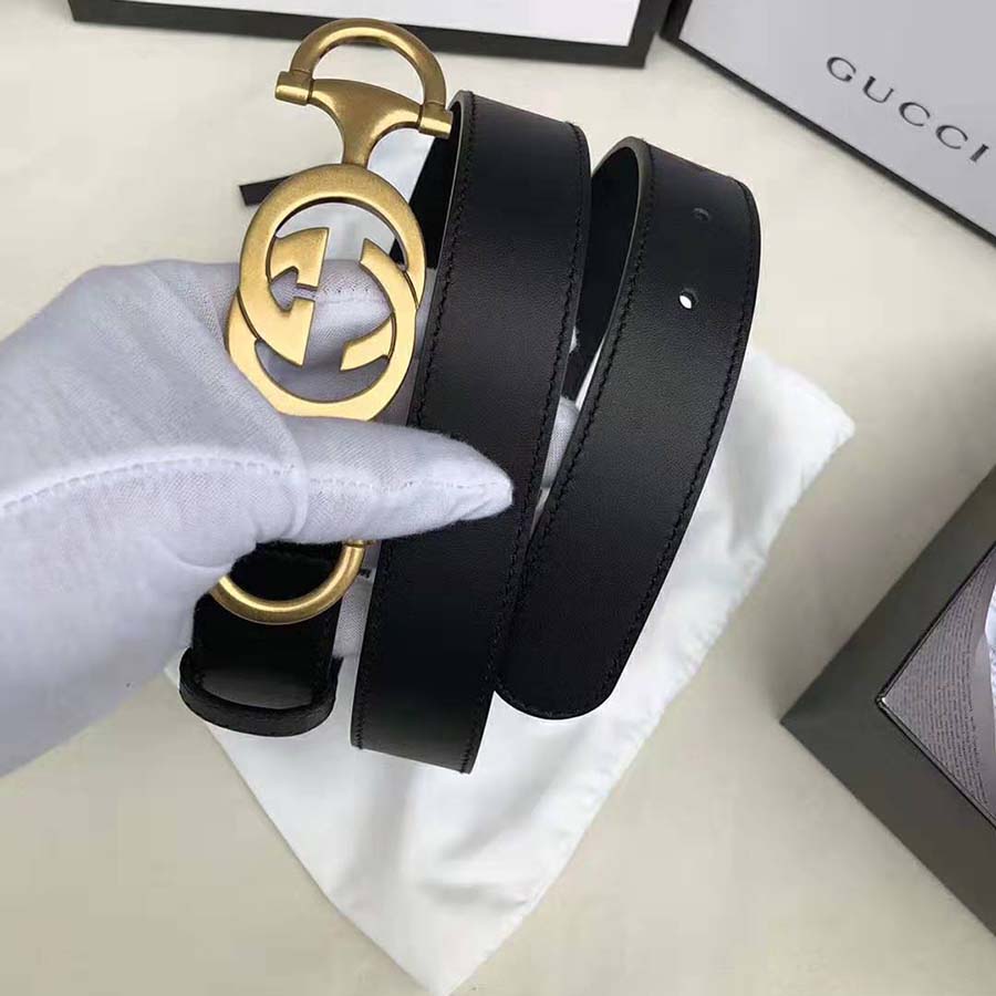 Gucci Unisex Leather Belt with Interlocking G Horsebit-Black
