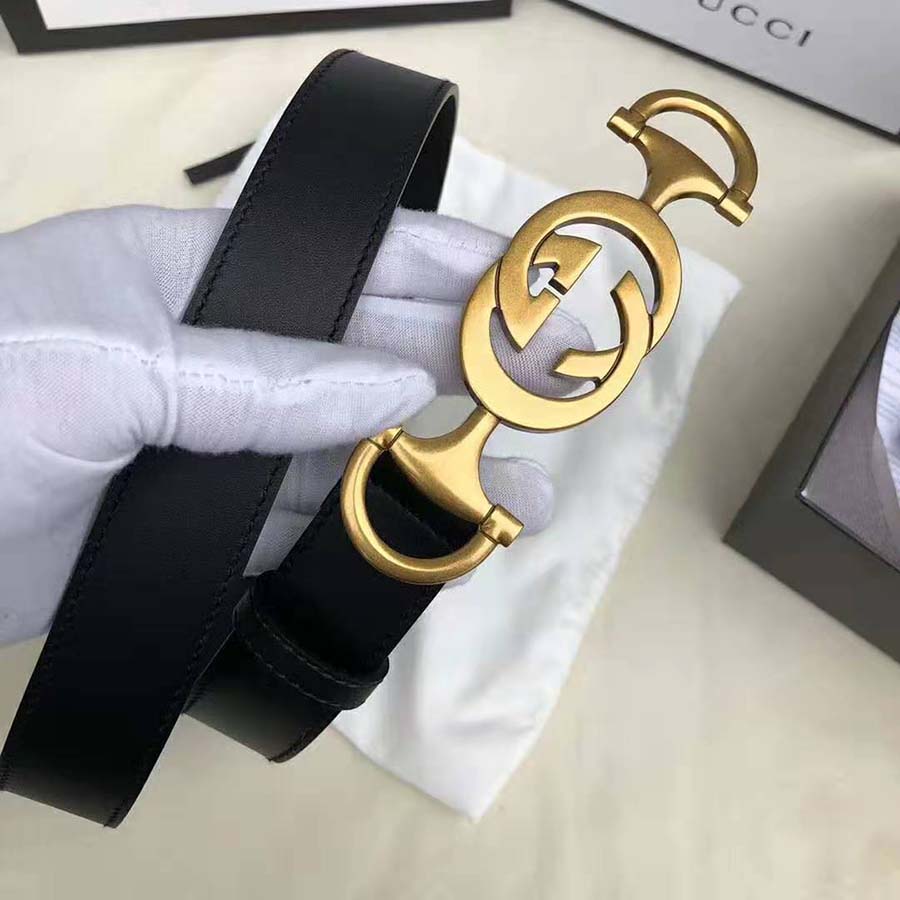 Gucci Unisex Leather Belt with Interlocking G Horsebit-Black