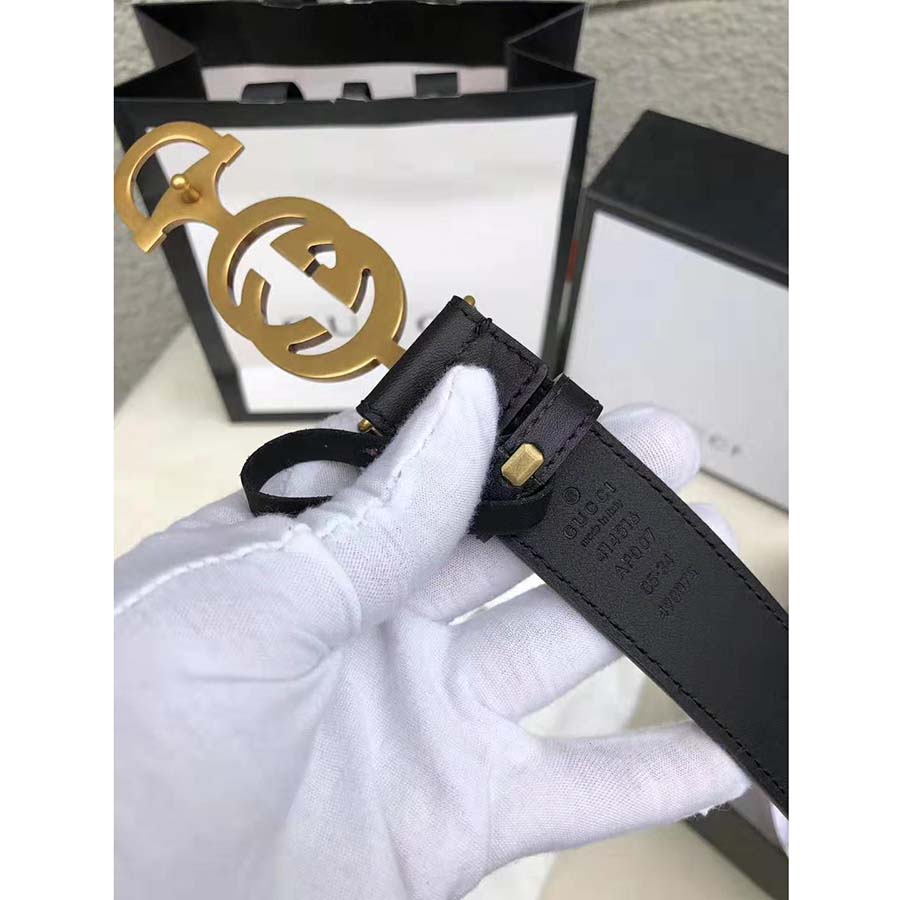 Gucci Unisex Leather Belt with Interlocking G Horsebit-Black