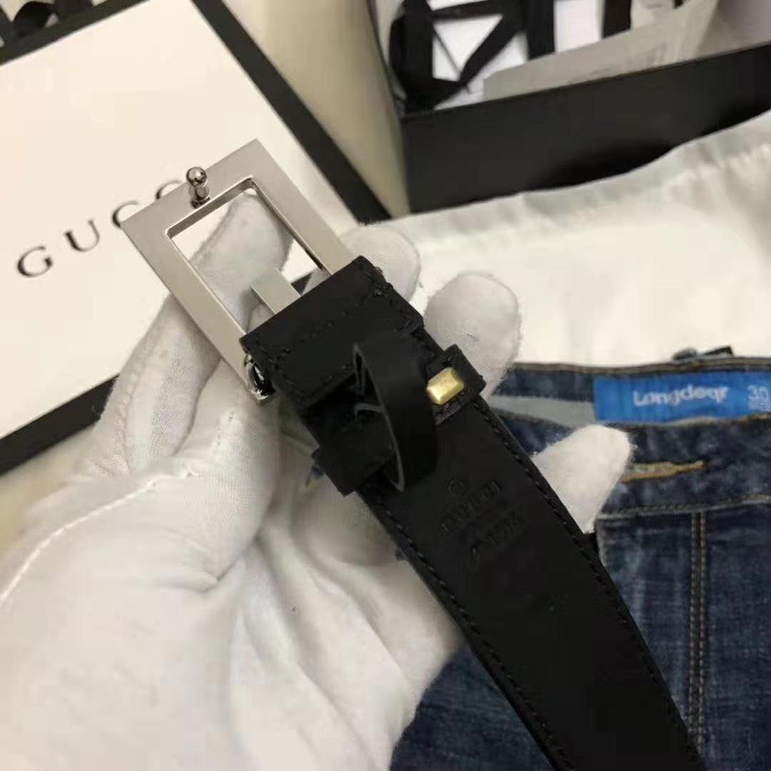 Gucci Unisex Leather Belt with Square G Buckle in 3.8cm Width-Black
