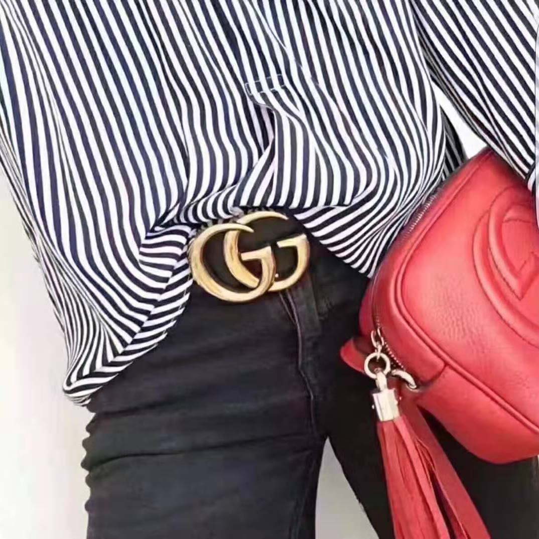 Gucci Unisex Wide Leather Belt with Double G-Black