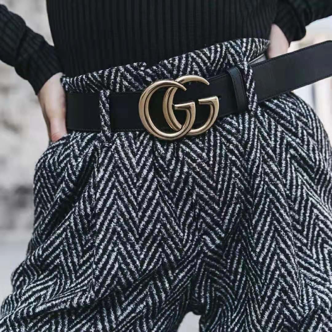 Gucci Unisex Wide Leather Belt with Double G-Black