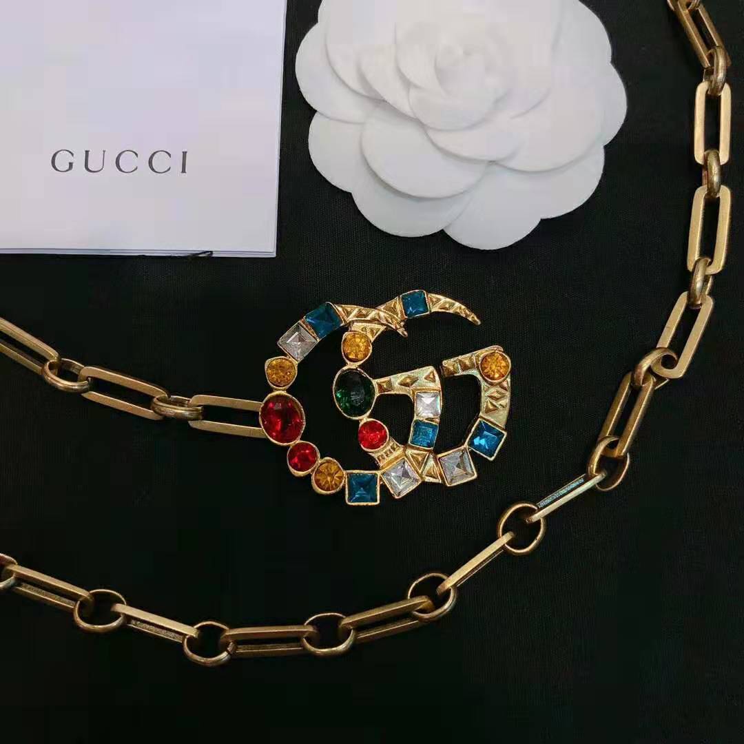 Gucci Women Chain Belt with Crystal Double G Buckle in Gold-Toned Chain