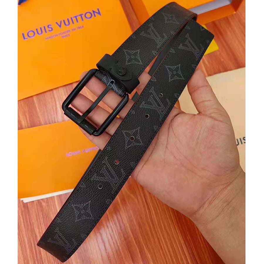 Louis Vuitton LV Unisex Voyager 35mm Belt in Monogram Eclipse Canvas-Grey