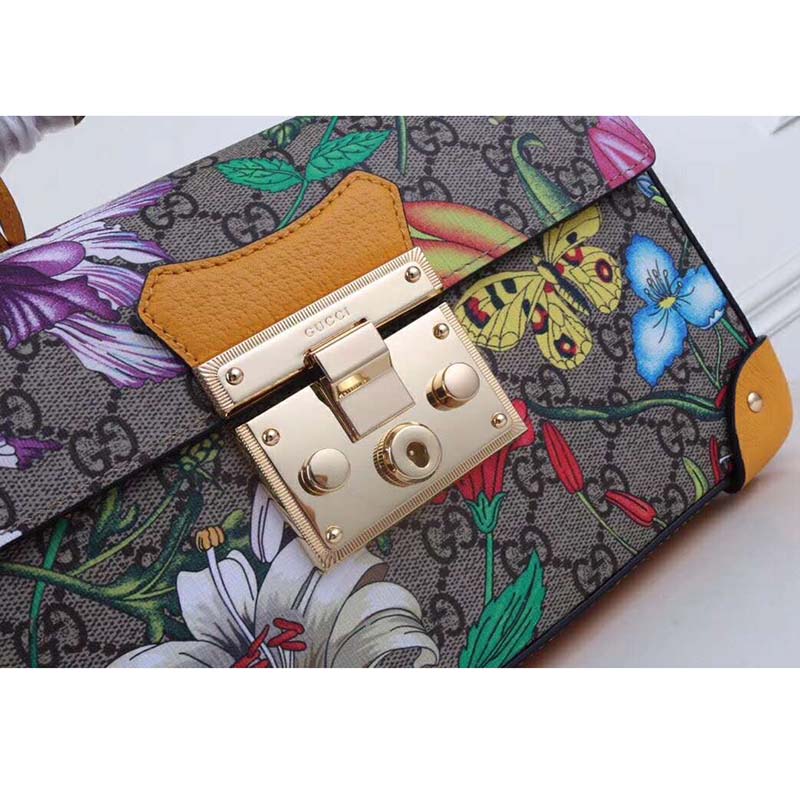 Gucci GG Women Padlock GG Flora Small Bamboo Shoulder-Beige