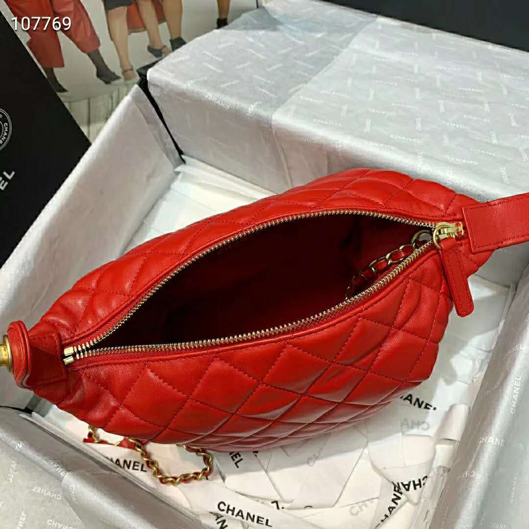 Chanel Women Hobo Bag in Lambskin Leather Gold Metal-Red