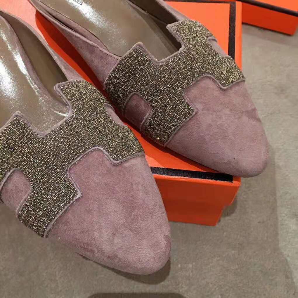Hermes Women Roxane Mule in Suede Goatskin with Crystal-Rose