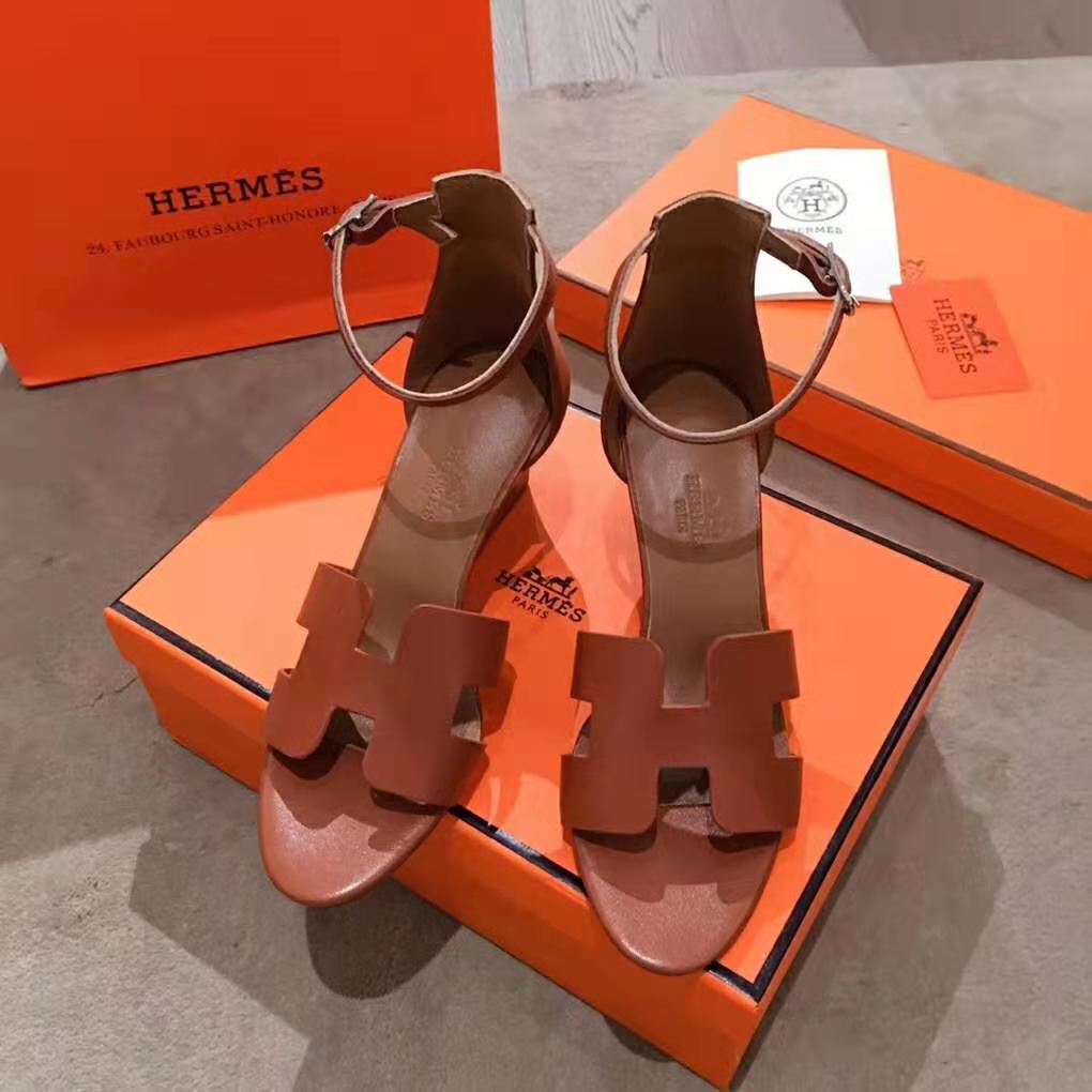 Hermes Women Legend Sandal Calfskin Iconic “H” 7.5 cm Heel-Brown