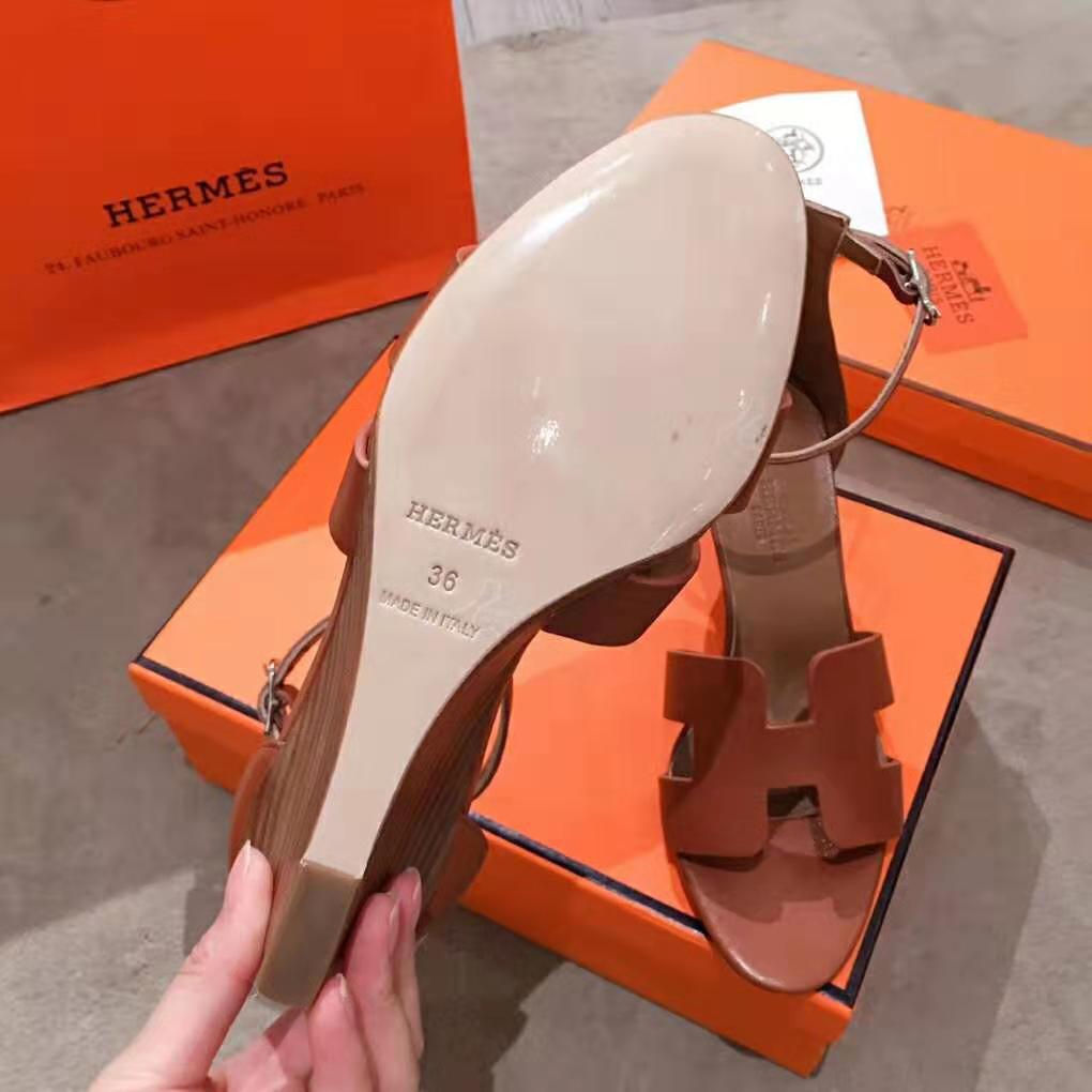 Hermes Women Legend Sandal Calfskin Iconic “H” 7.5 cm Heel-Brown