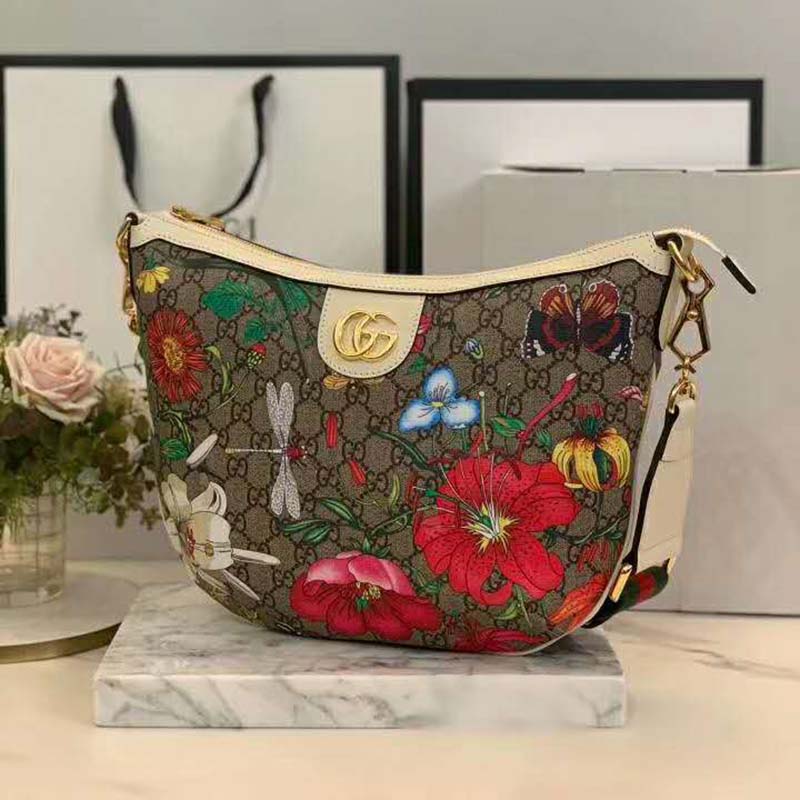 Gucci GG Women GG Flora Shoulder Bag Beige/Ebony Supreme Canvas