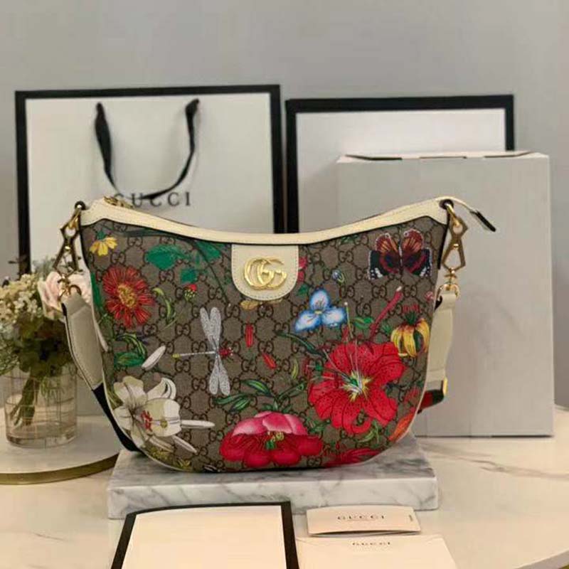 Gucci GG Women GG Flora Shoulder Bag Beige/Ebony Supreme Canvas