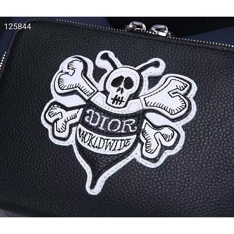 Dior Unisex Pouch Strap Black Grained Calfskin DIOR AND SHAWN Bee Patch Embroidery