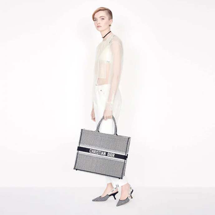 Dior Women Dior Book Tote Black and White Houndstooth Embroidery