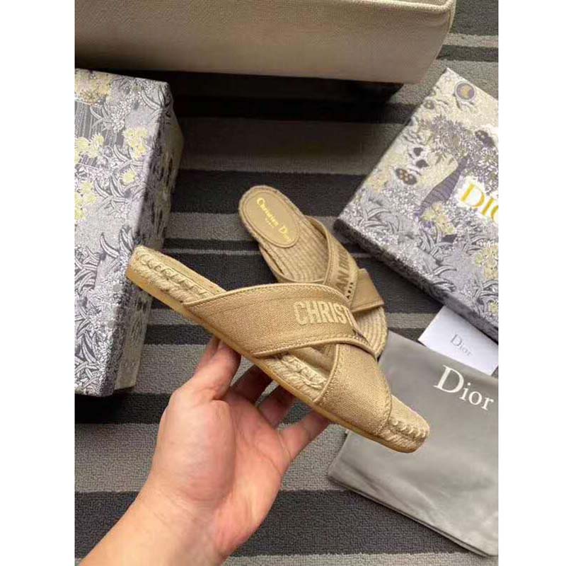 Dior Women Dior Granville Slide Cream Embroidered Cotton-Sandy