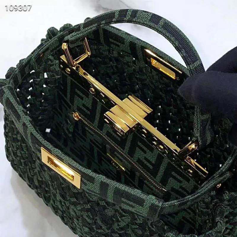 Fendi Women Peekaboo Iconic Mini Jacquard Fabric Interlace Bag-Dark Green