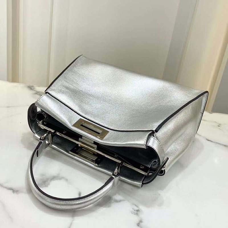 Fendi Women Peekaboo Iconic XS Mini Silver Mirror-Effect Leather Bag