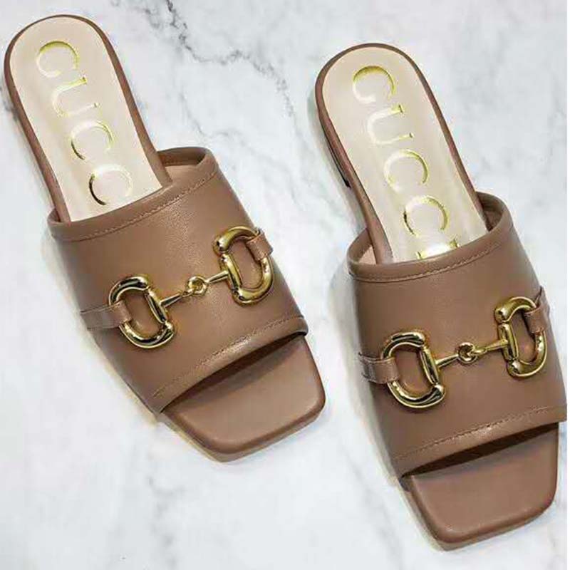 Gucci Women’s Leather Slide Sandal with Horsebit Brown Leather