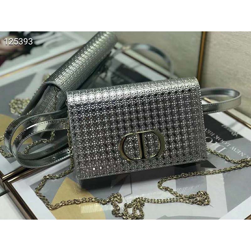 Dior Women 30 Montaigne 2-in-1 Pouch Metallic Stardust Gray Microcannage Calfskin