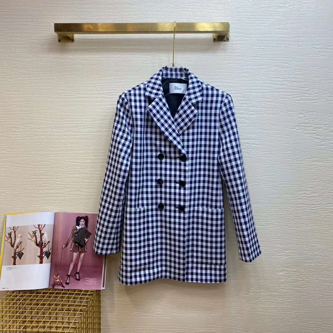 Dior Women Double-Breasted Button Jacket Blue White Check Wool Twill